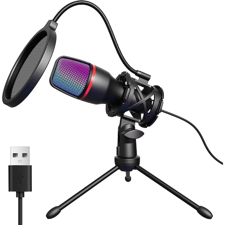 Microfon Gaming BYONDSELF cu iluminare RGB și pop-filter