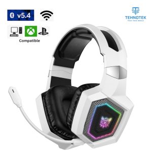 Căști Gaming Wireless TehnoTek, Bluetooth 5.3, izolare fonică, alb